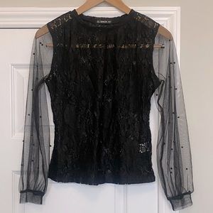 SHEIN black lace top with mesh sleeves and beaded detail, size M